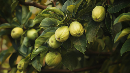 Fresh quince fruits on tree in the garden. Organic fruit.