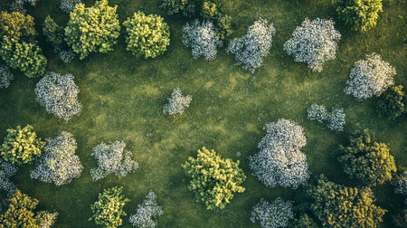 Aerial view of beautiful green meadow with blooming trees.の写真素材