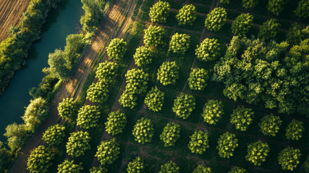 Aerial view of green trees in a row on the field.の写真素材