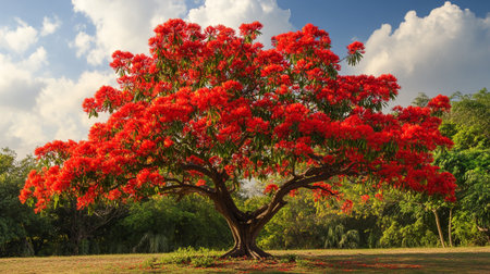 Flamboyant tree with red flowers in the garden, Thailandの写真素材