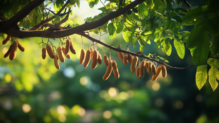 Cacao fruit hanging on the tree in the garden at sunset
