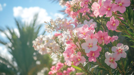 Pink and white oleander flowers on the background of palm trees