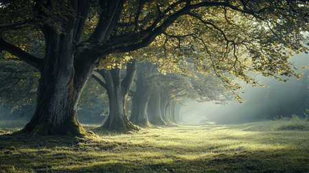 Autumnal foggy forest with old oak trees and sun rays
