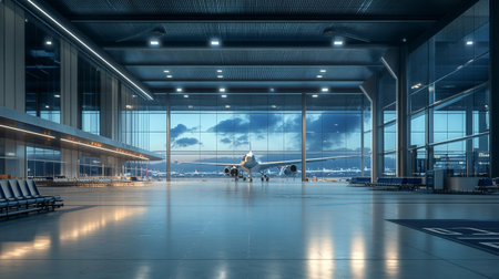 Airplane in the airport terminal at night. 3d rendering.の写真素材
