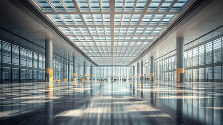 3d rendering of modern office building interior with glass windows and sunlight