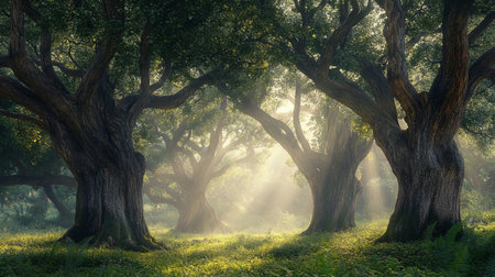 Old oak tree in the morning mist with ray of light in the forestの写真素材