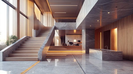 Interior of modern hotel lobby with wooden walls, concrete floor, reception desk and reception...