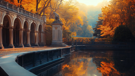 Autumn in the park. Autumn landscape with a pond and a bridgeの写真素材