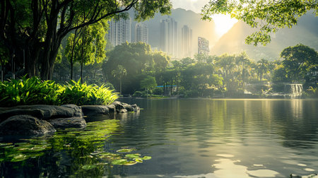 beautiful park in hong kong at sunrise with water reflection