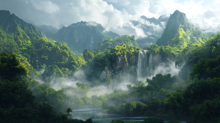 Mountain landscape with waterfalls in the morning mist, Vietnam.