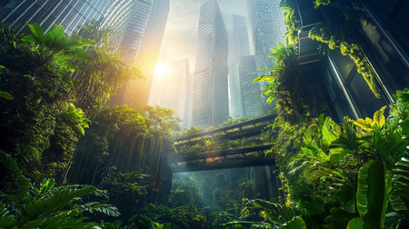 Green city with skyscrapers and high-rise buildings at sunsetの写真素材