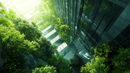 High rise office building with green trees and sunlight in Shanghai,China.