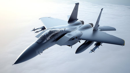 Fighter jet fighter aircraft in flight over the clouds. 3d render