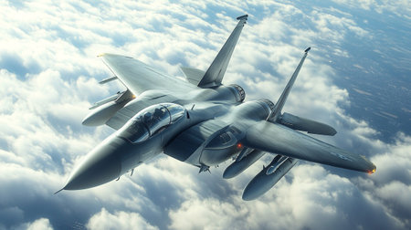 Fighter jet fighter in the clouds. 3d render illustration.