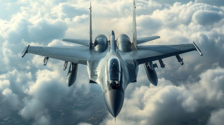 Military fighter jet flying in the cloudy sky. 3d illustration.の写真素材