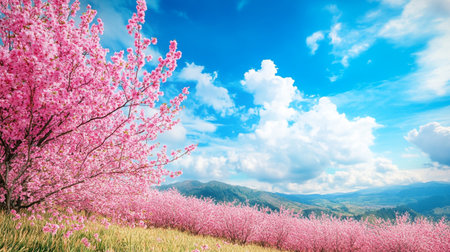 Peach blossom and blue sky with clouds, nature background.の写真素材