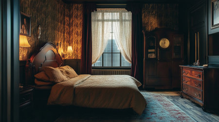Interior of a classic bedroom with a double bed and large windowsの写真素材