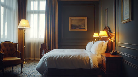 Interior of a hotel bedroom in a classic style. 3d renderの写真素材