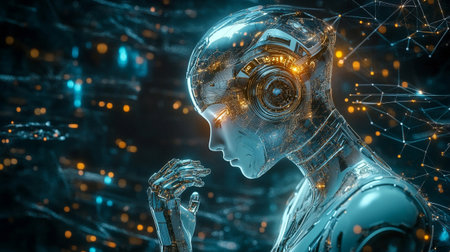 Cyborg woman praying with her hands together. 3D rendering.