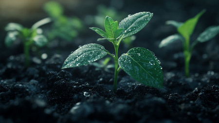 Small seedlings growing in soil. Concept of new life and agriculture.の写真素材