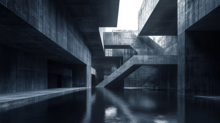 Abstract architecture background, empty dark room with concrete walls, 3d render illustrationの写真素材