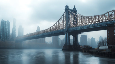 Manhattan Bridge in a foggy day, New York City, USAの写真素材