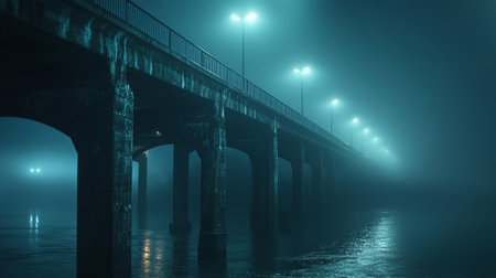 Concrete bridge in a foggy night. 3D rendering.
