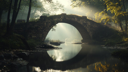 Old stone bridge over the river in the misty forest at sunrise