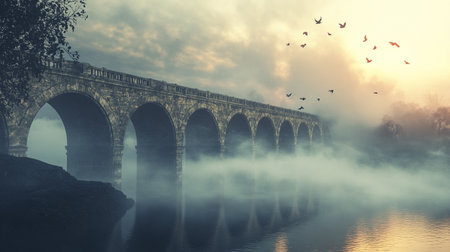Old bridge over the river in a misty morning. 3d renderの写真素材