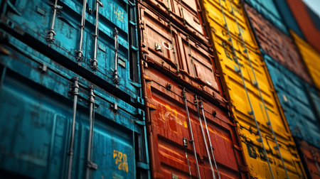 Colorful cargo containers stacked in a row, close-up.の写真素材