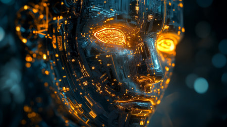 3d rendering of futuristic robot with glowing lights in the background.の写真素材