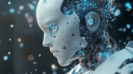Cyborg woman cyborg on blurred background 3D rendering toned image