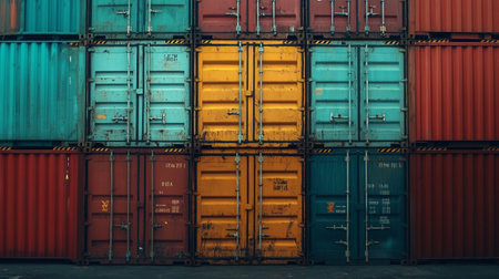Colorful cargo containers stacked at the docks. Freight transportation concept.の写真素材
