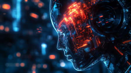 Cyborg head with circuit board on abstract background. 3D rendering