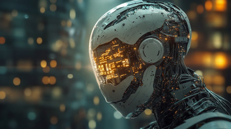 Cyborg head with binary code on display. 3D rendering.の写真素材