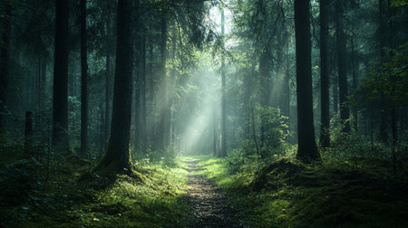 Mysterious dark forest with sunbeams and fog in summerの写真素材