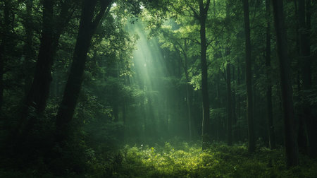 Morning in the forest with sunbeams shining through the trees.の写真素材