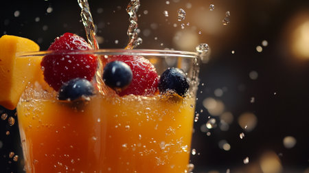 Fruit cocktail with ice cubes and splashes, close-upの写真素材