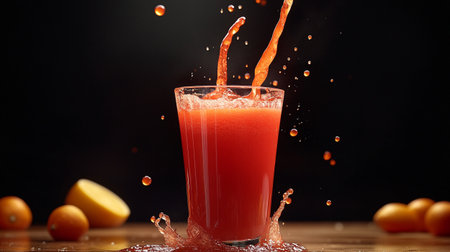 Fruit juice splashing out of a glass on a wooden tableの写真素材