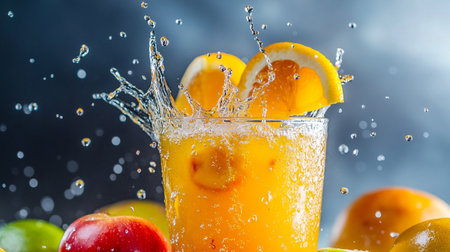 Fruit splashing into a glass of fresh orange juice with water drops
