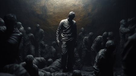 Hooded man standing in front of a group of people.