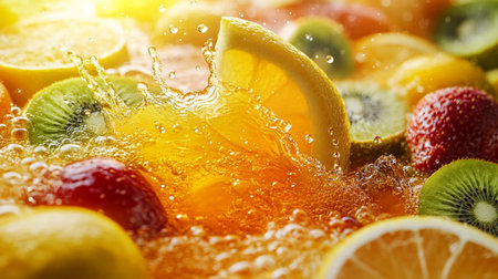 Fruit mix with ice and water splash, close-up.の写真素材