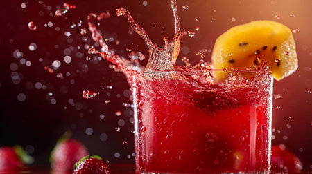 Fruit cocktail with strawberry and passion fruit splashes on red background