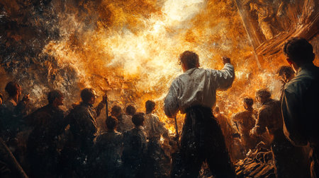 Rear view of a man standing in front of a group of people in front of a fireの写真素材