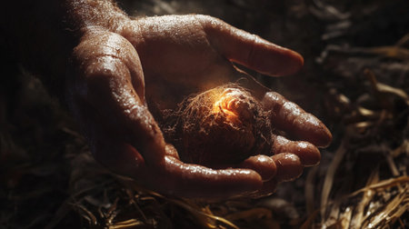 Close-up of human hands holding seedling in the ground.の写真素材