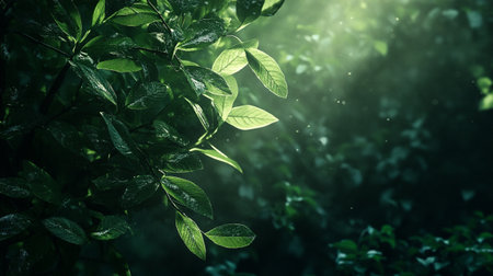 Green leaves with sunlight and bokeh effect. Nature background.