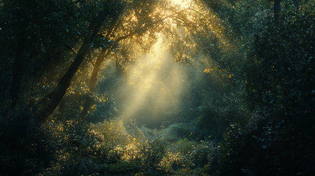 Sunlight in the forest at sunrise. Natural background. Selective focus.