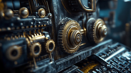 Close-up of gears and cogs on mechanism of old machineの写真素材