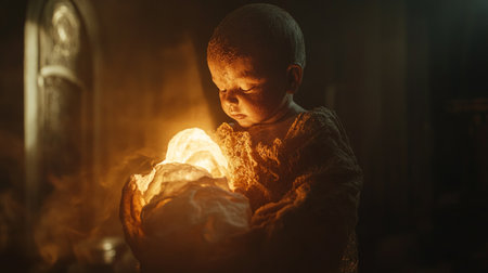 Buddhist monk in a dark room with a fire in his hands