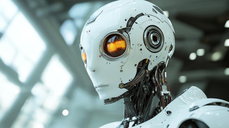 3d rendering humanoid robot in modern futuristic space station,concept of artificial intelligence
